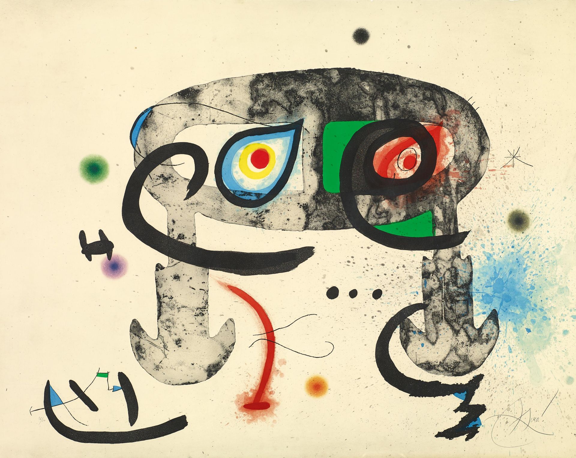 Miró, Joan. 1893 Barcelona - 1983 Calamajor/Mallorca. Le hibou blasphémateur. 1975. Farbige