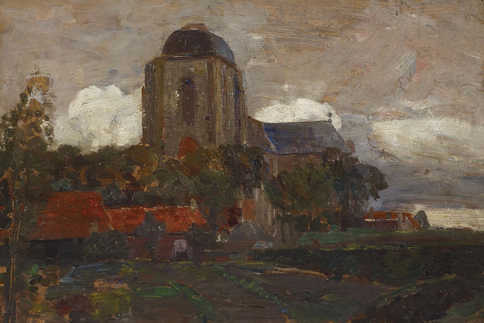 Blau-Lang, Tina. Wien 1845 - 1916. Große Kirche in Veere. 1906. Öl auf Holz. 17,5 x 26,5cm.