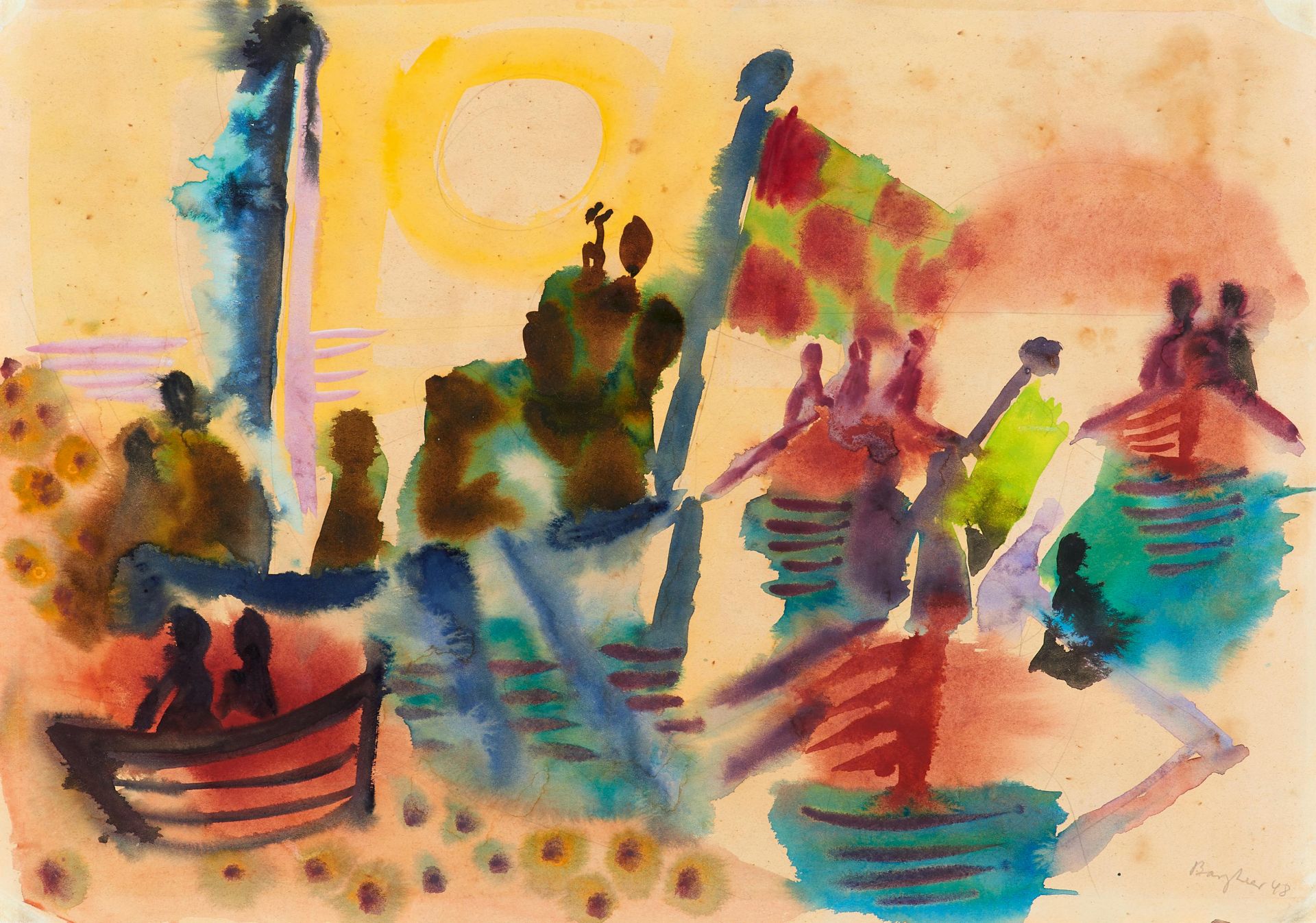 Bargheer, Eduard. 1901 Finkenwerder/ Elbe - 1979 Hamburg. Fischerboote am Abend. 1948. Aquarell,