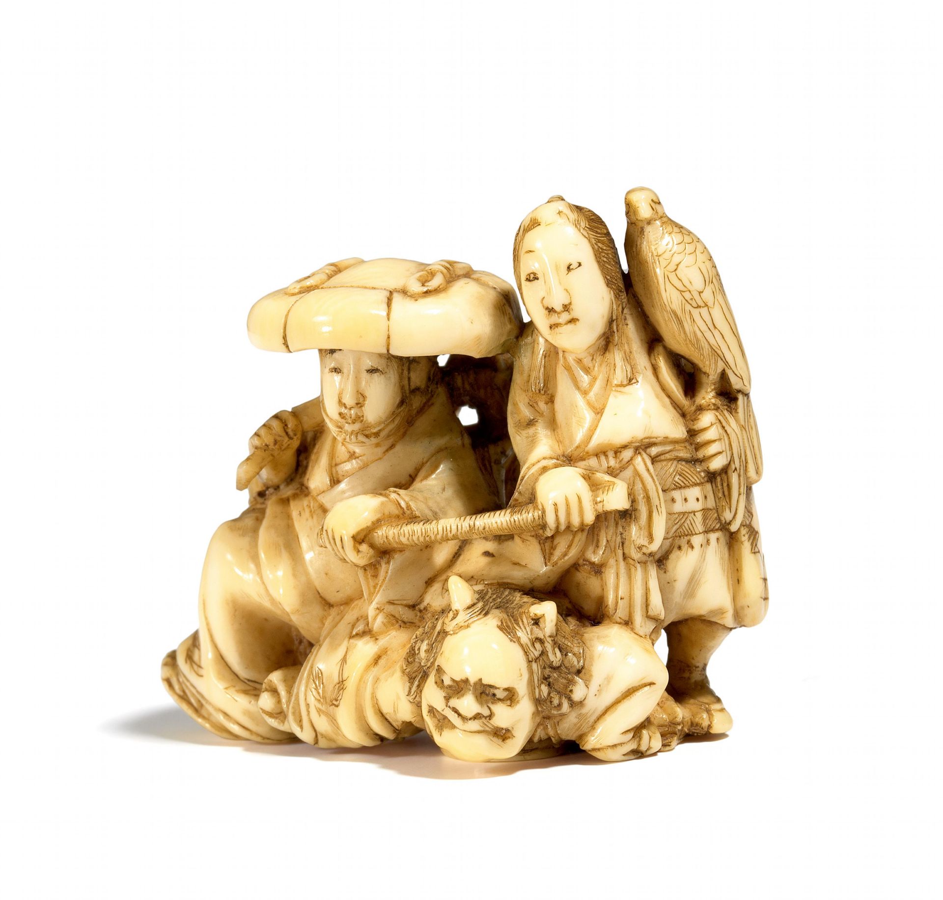 NETSUKE: DREI SOG. OTSU-E-FIGUREN. Japan. Edo-Zeit. 1. H. 19. Jh. Elfenbein, sehr fein geschnitzt