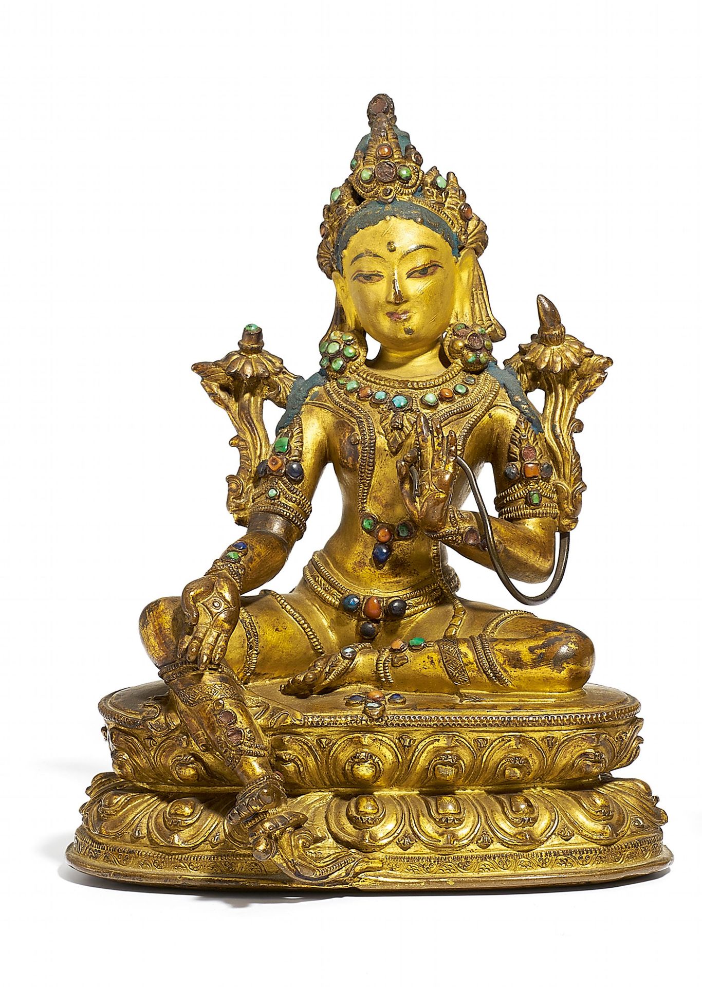 SHYAMA TARA. Tibet. 18./19. Jh. Kupferbronze mit Feuervergoldung, Pigmenten und Steinbesatz. Der