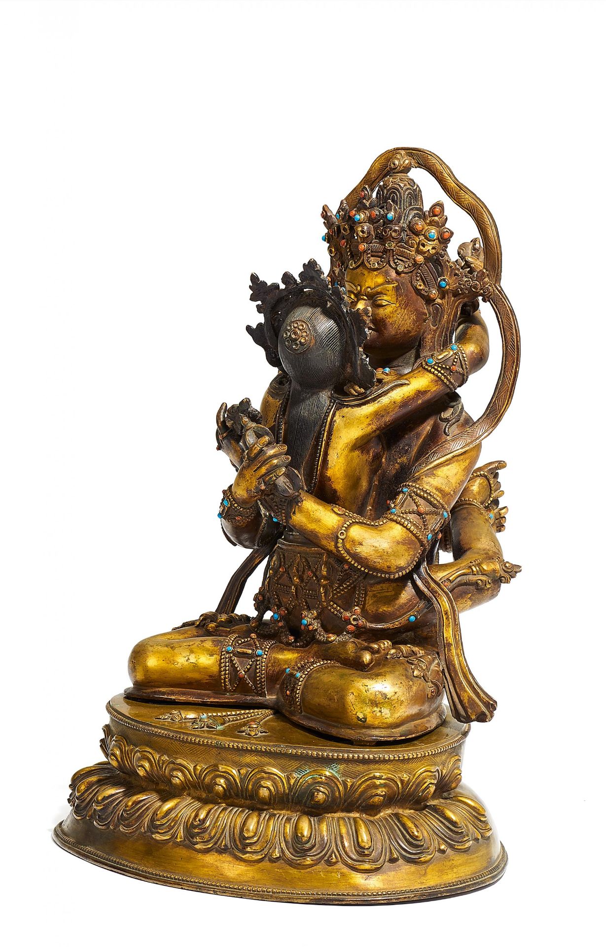 EINDRUCKSVOLLE FIGUR DES VAJRADHARA IN YAB-YUM. Tibet. Spätes 19. Jh. Bronze, feuervergoldet und mit