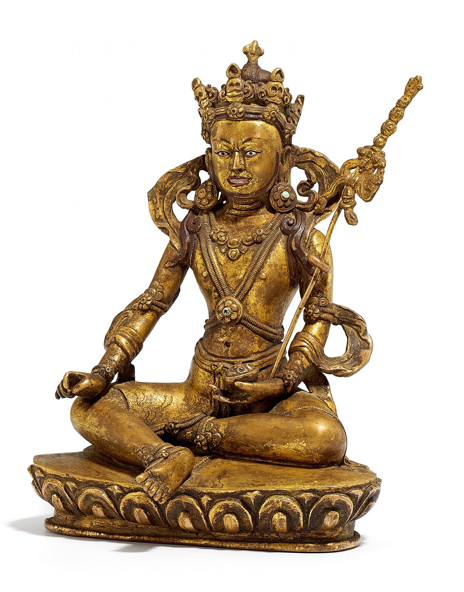 SELTENE DARSTELLUNG DES GURU NYIMA ÖSER. Tibet. 19. Jh. Schwere Kupferbronze mit Feuervergoldung,