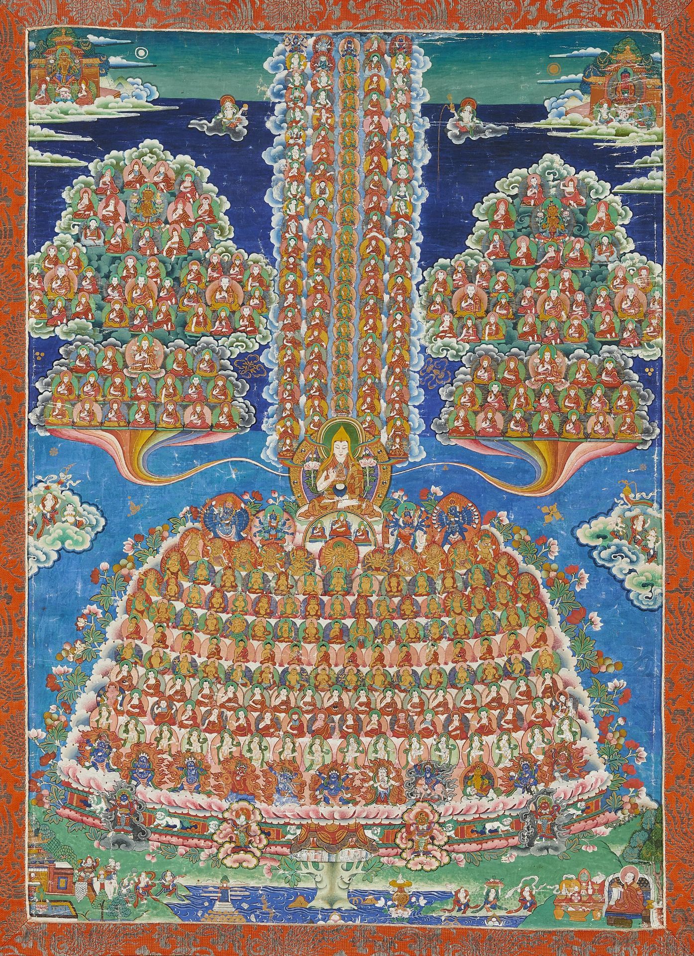 BEDEUTENDES, GROßES THANGKA DES TSOGSHIN DER GELUGPA-SCHULE. Tibet. 1. Drittel 20. Jh. Farben und