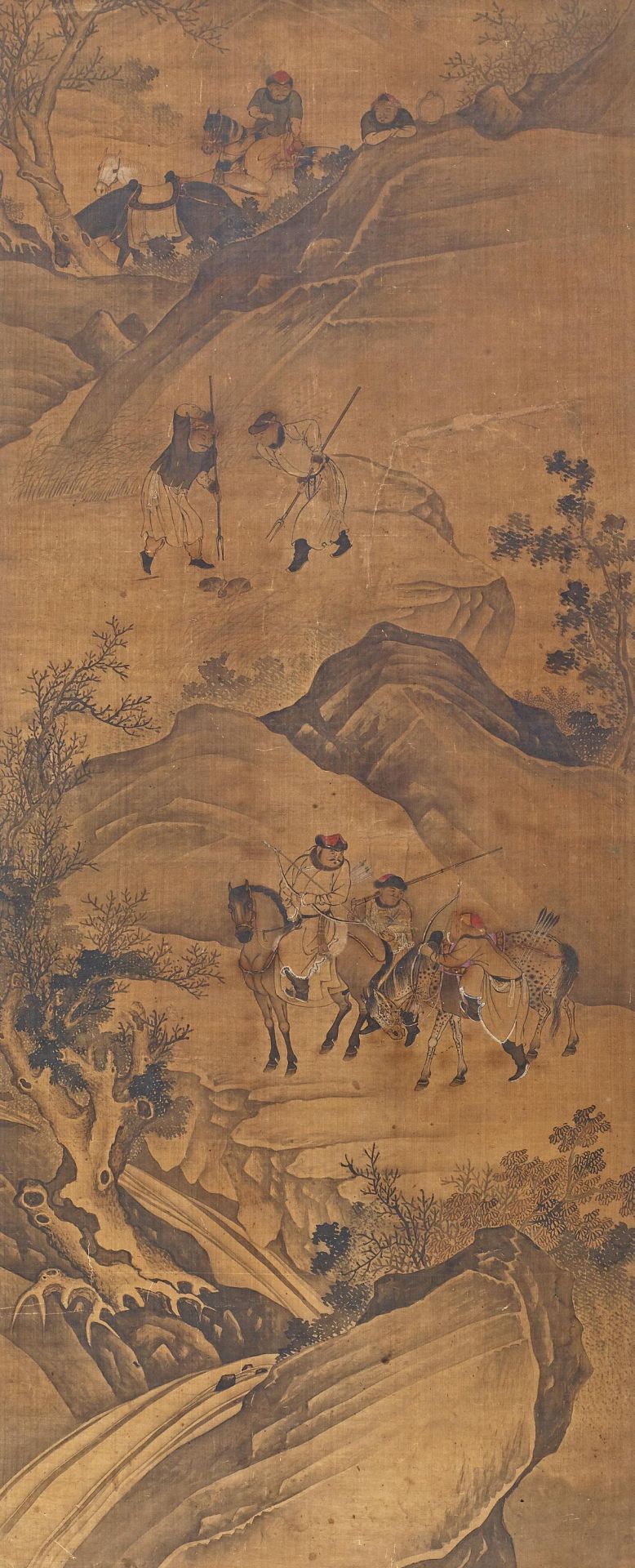 MANDCHURISCHE HASENJAGD IM GEBIRGE. China. Qing-Dynastie. Tusche und Farben auf Papier. Hinter