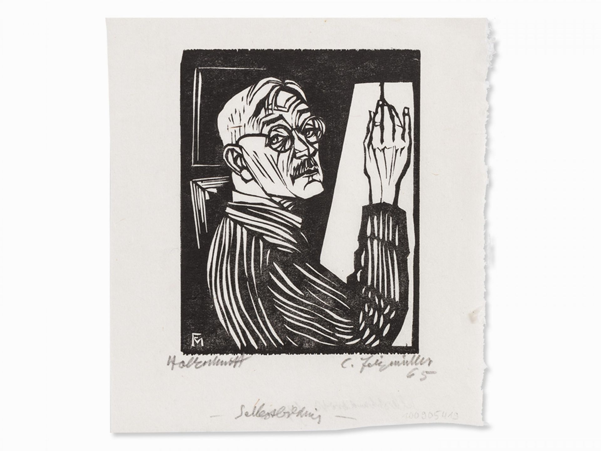 Felixmüller, Conrad 1897 Dresden - 1977 Berlin Selbstbildnis mit zeichnender Hand Holzschnitt auf