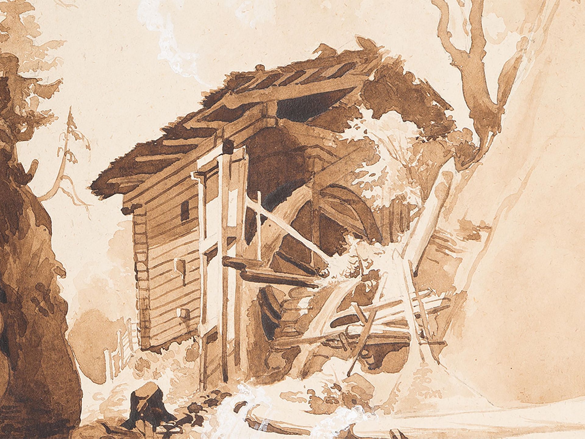 Doll, Anton (München 1826 - 1887) Mühle am Gebirgsbach Sepia-Pinsel und Deckweiß über Bleistift - Bild 8 aus 9