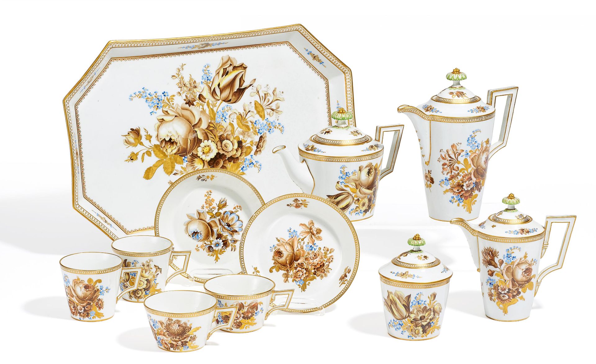 KAFFEE- UND TEESERVICE MIT BLUMENDEKOR. Meissen. Marcolini. 18./19. Jh. Porzellan, farbig und gold