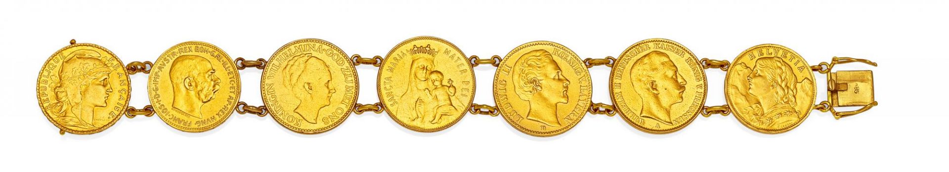 MÜNZ-GOLDARMBAND. Deutschland, um 1960. 585/- und 916/- Gelbgold, Gesamtgewicht: 62,2g. L.ca. 17,