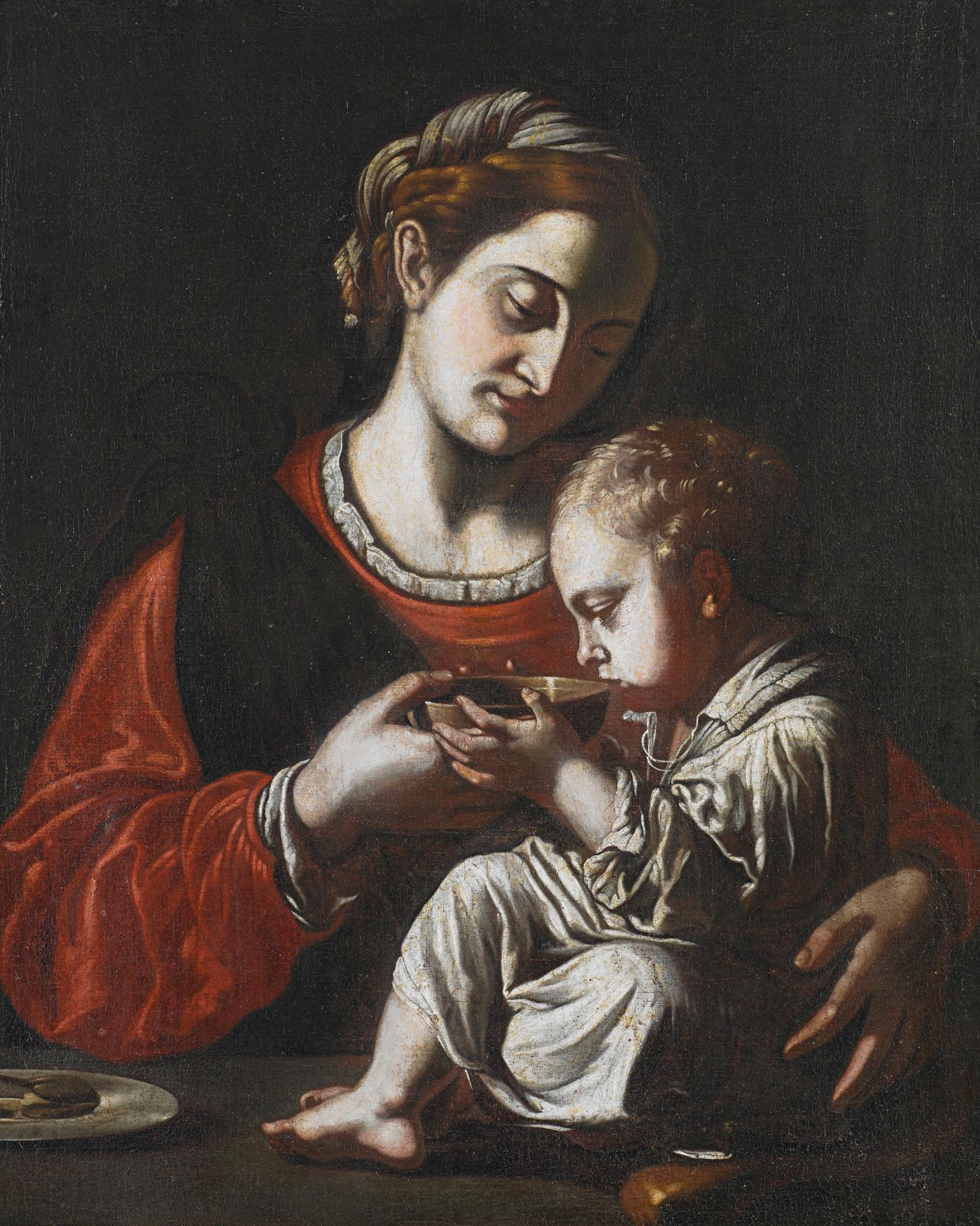 Neapolitanischer Meister 1. H. 17. Jh. Madonna mit dem aus einer Schale trinkenden Christuskind.