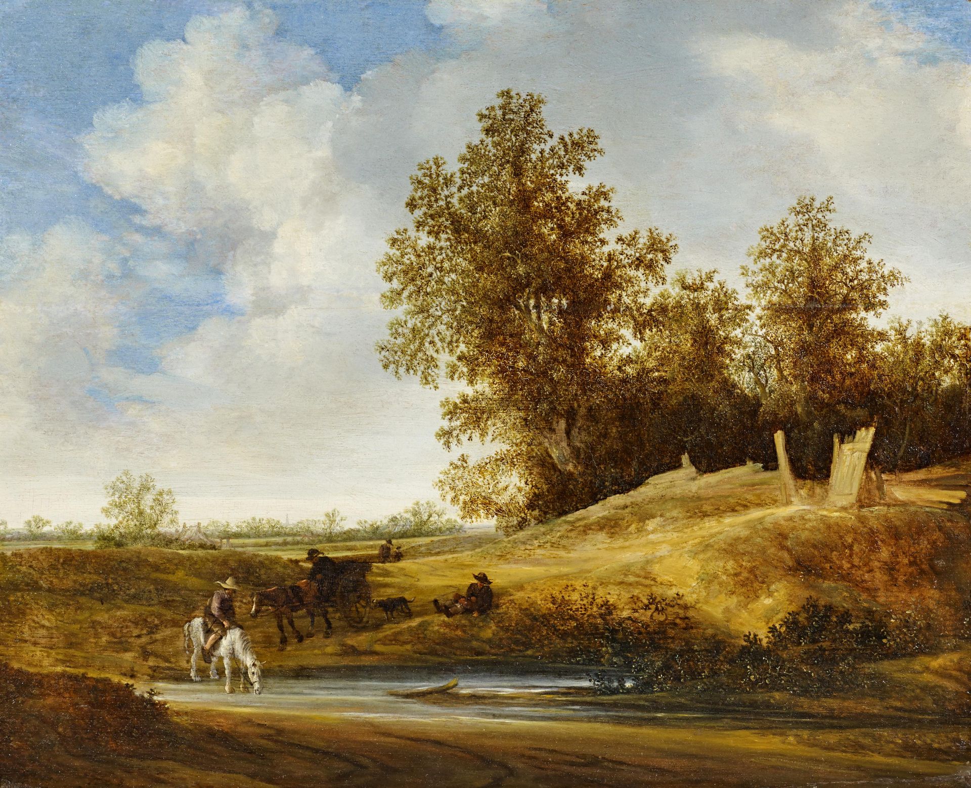 Moscher, Jacob van Haarlem 1635 - 1655 Flusslandschaft mit Reiter am Fuße eines Waldstückes. Öl