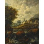 Ruisdael, Jakob Isaackszoon van Haarlem 1628/29 - 1682 Umkreis Landschaft mit Wasserfall und Kirche.