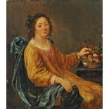 Niederländischer Meister um 1700 Portrait einer sitzenden Dame mit Blumenkorb. Öl auf Holz. 31,5 x