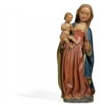 Süddeutsch um 1450 Maria mit dem Christusknaben. Standfigur, vollrund geschnitzt. Weichholz,