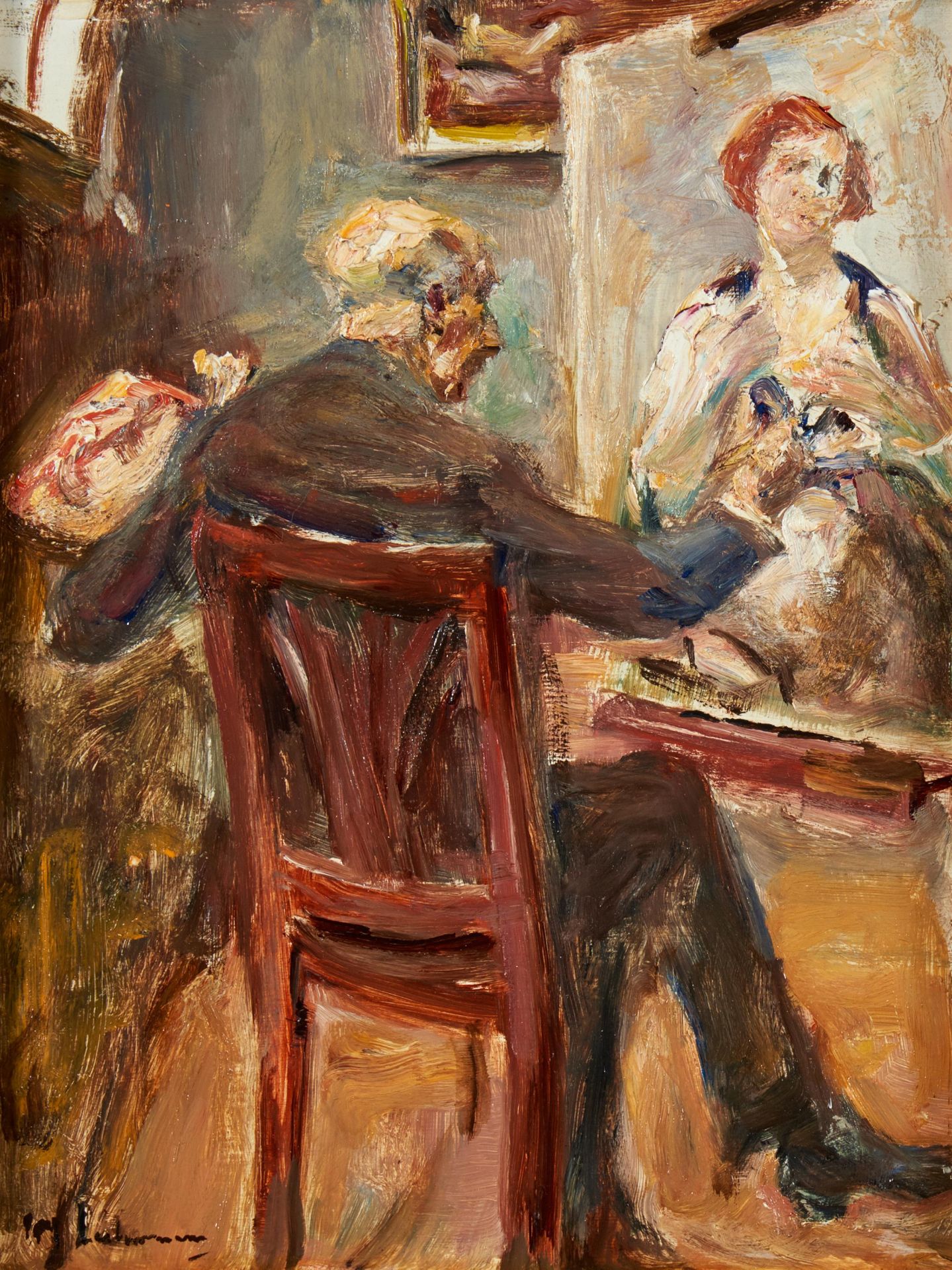 Liebermann, Max Berlin 1847 - 1935 Selbstbildnis vor der Staffelei, sitzend nach rechts. 1932. Öl
