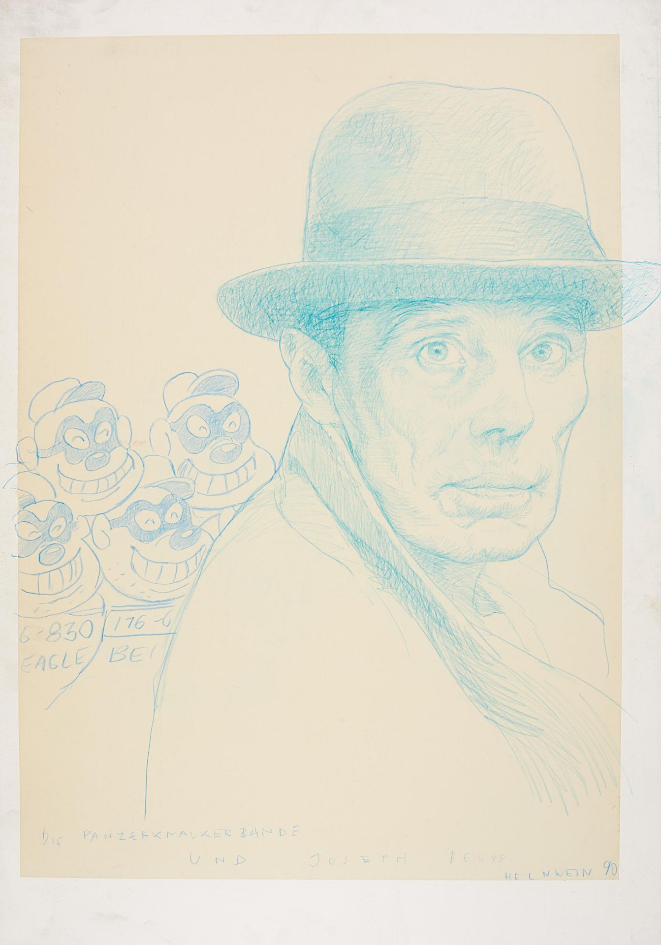 Helnwein, Gottfried 1948 Wien Die Panzerknackerbande und Joseph Beuys. 1990. Buntstift auf Papier,