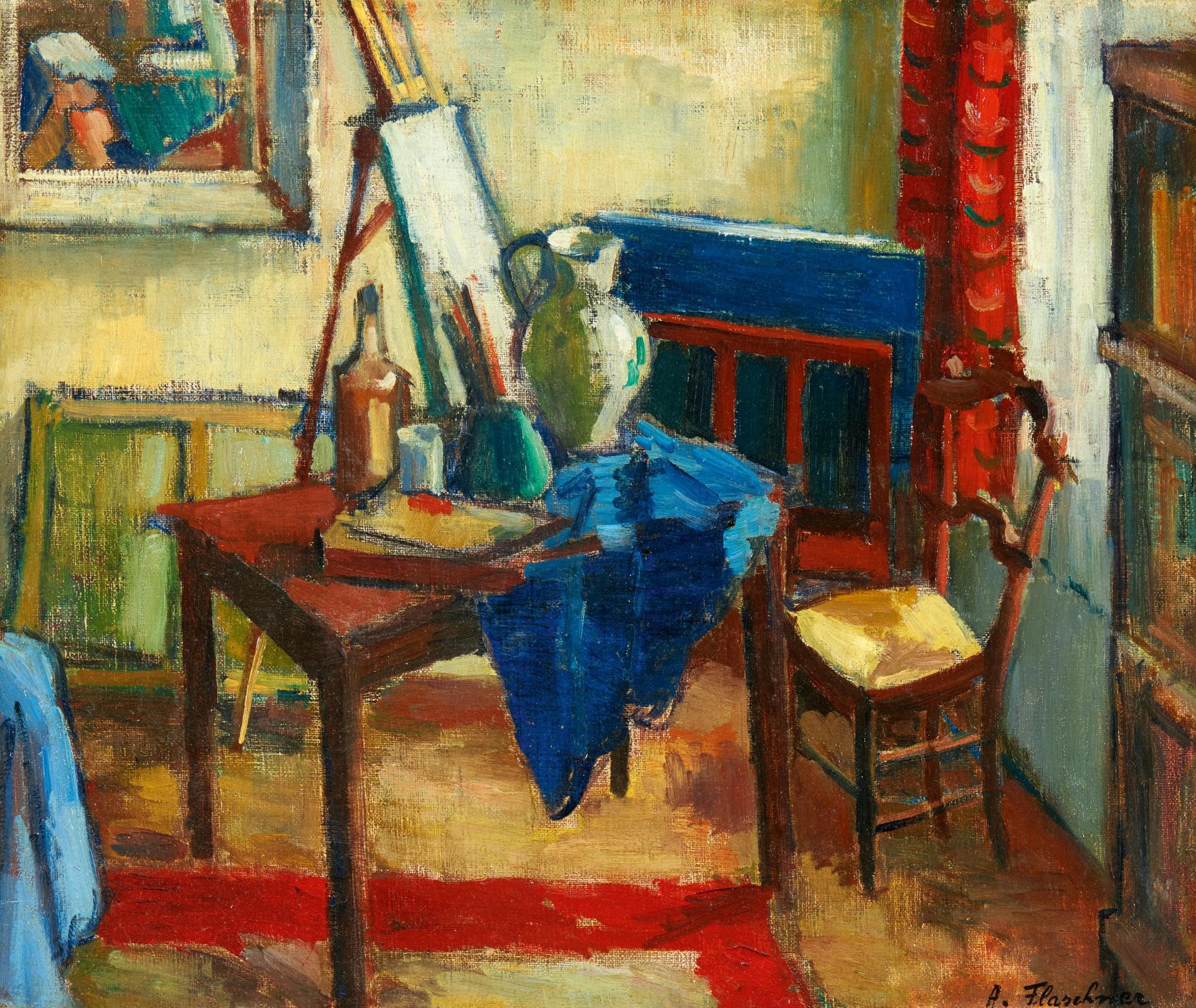 Flaschner, Alexandre 1903 Mosovce/Slowakei) - 1995 Paris Interieur (Im Atelier). Öl auf Leinwand. 55