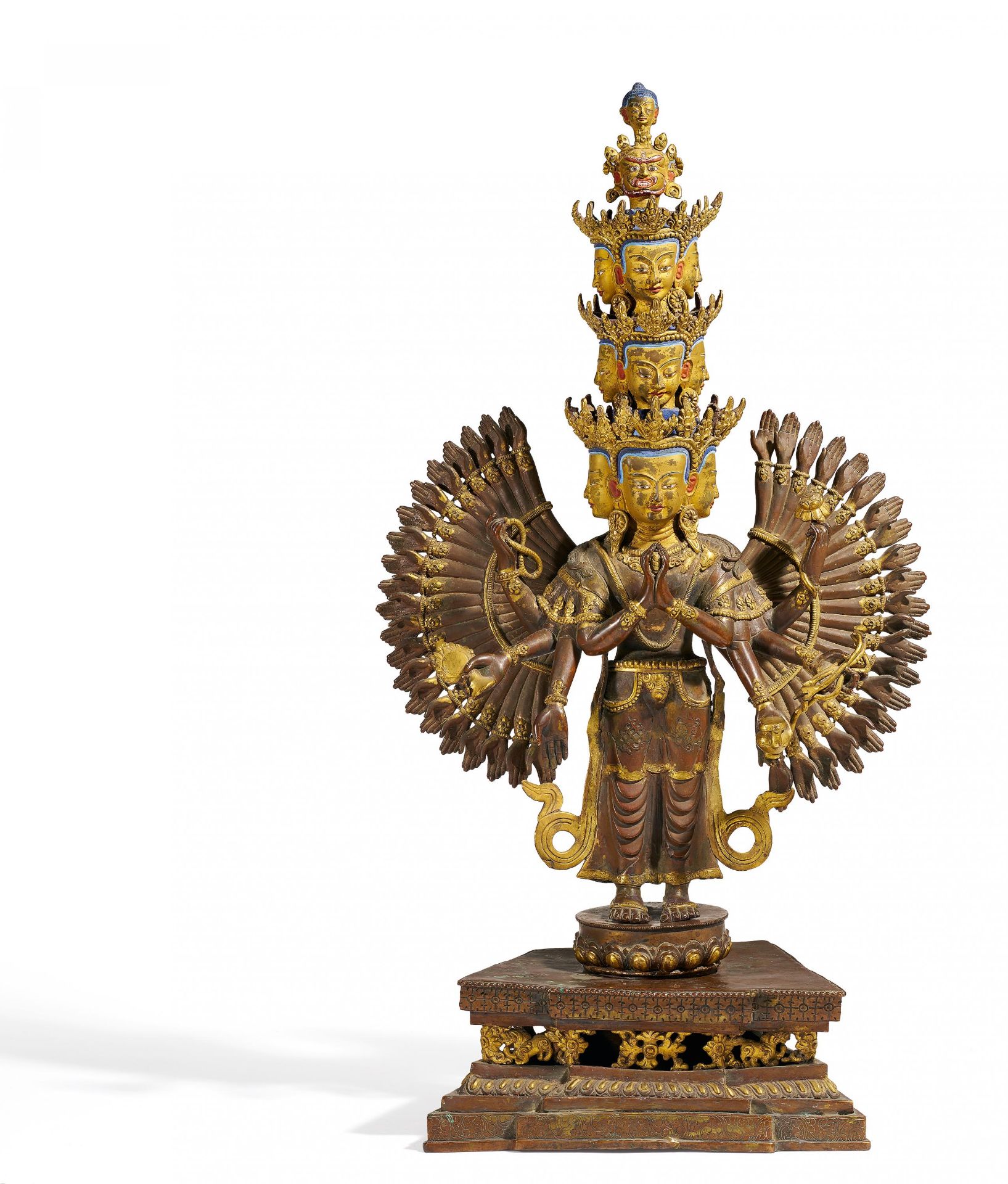 GROßER SAHASRABHUJA-LOKESHVARA. Tibet. Spätes 19. Jh. Kupferbronze, partiell feuervergoldet und