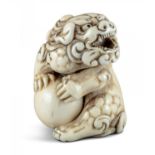 NETSUKE: SHISHI MIT BALL. Japan. Edo-Zeit. Mitte 18. Jh. Mächtiger Shishi sitzend, den Kopf