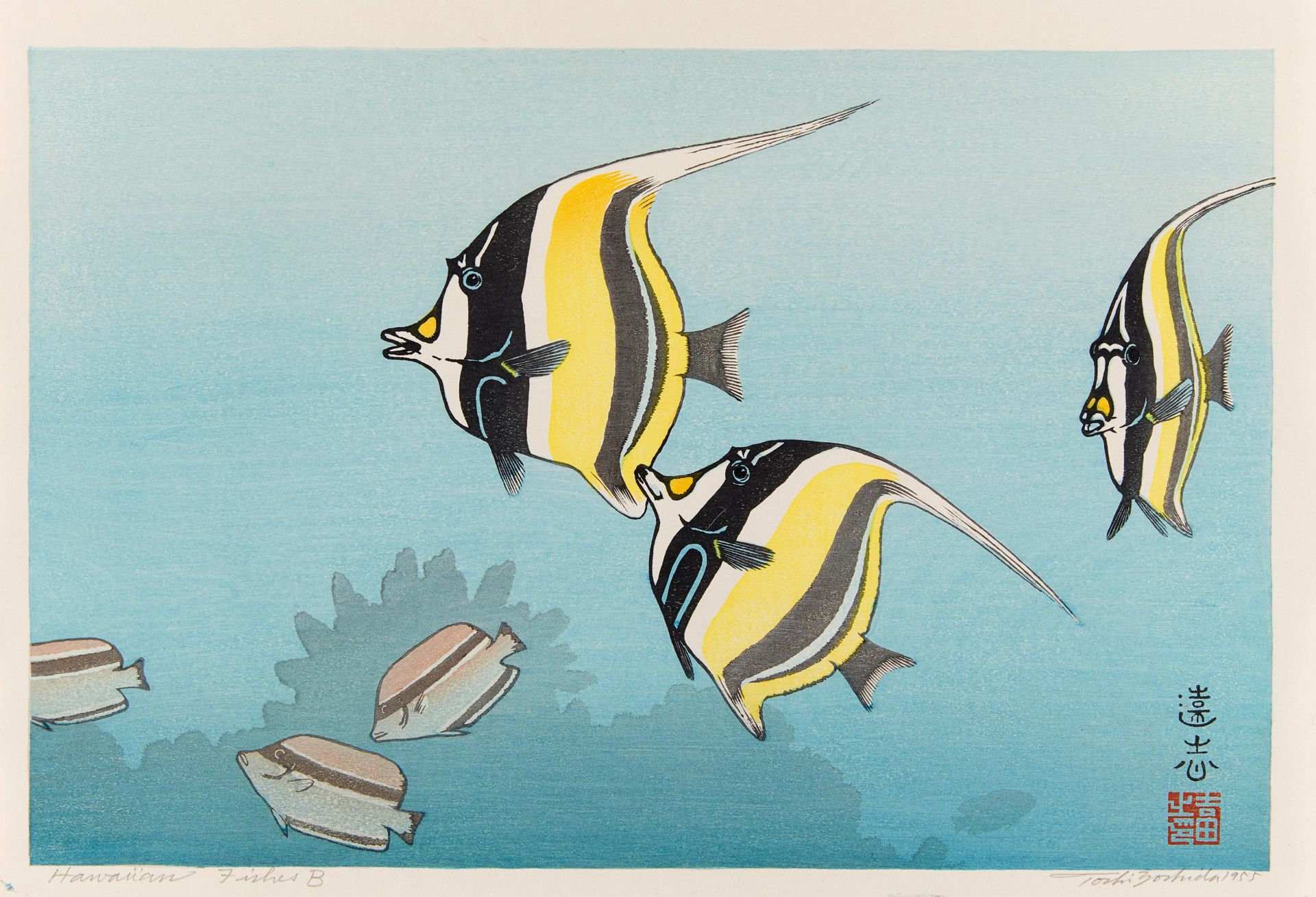HOLZSCHNITT: HAWAIIAN FISHES B. Japan. Shôwa-Zeit. 1955. Nishiki-e. Zweite Farbvariante in