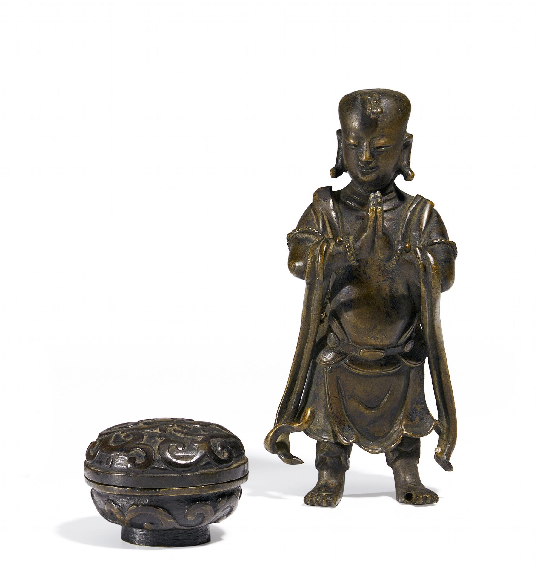 SHANCAI, EIN BEGLEITER DER GUANYIN. China. Späte Ming-Dynastie. 17. Jh. Bronze mit dunkler Patina.