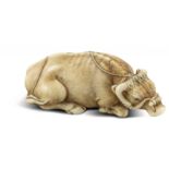 NETSUKE: LIEGENDER OCHSE. Japan. Edo-Zeit. 19. Jh. Elfenbein mit fein gravierten Details, dunkel