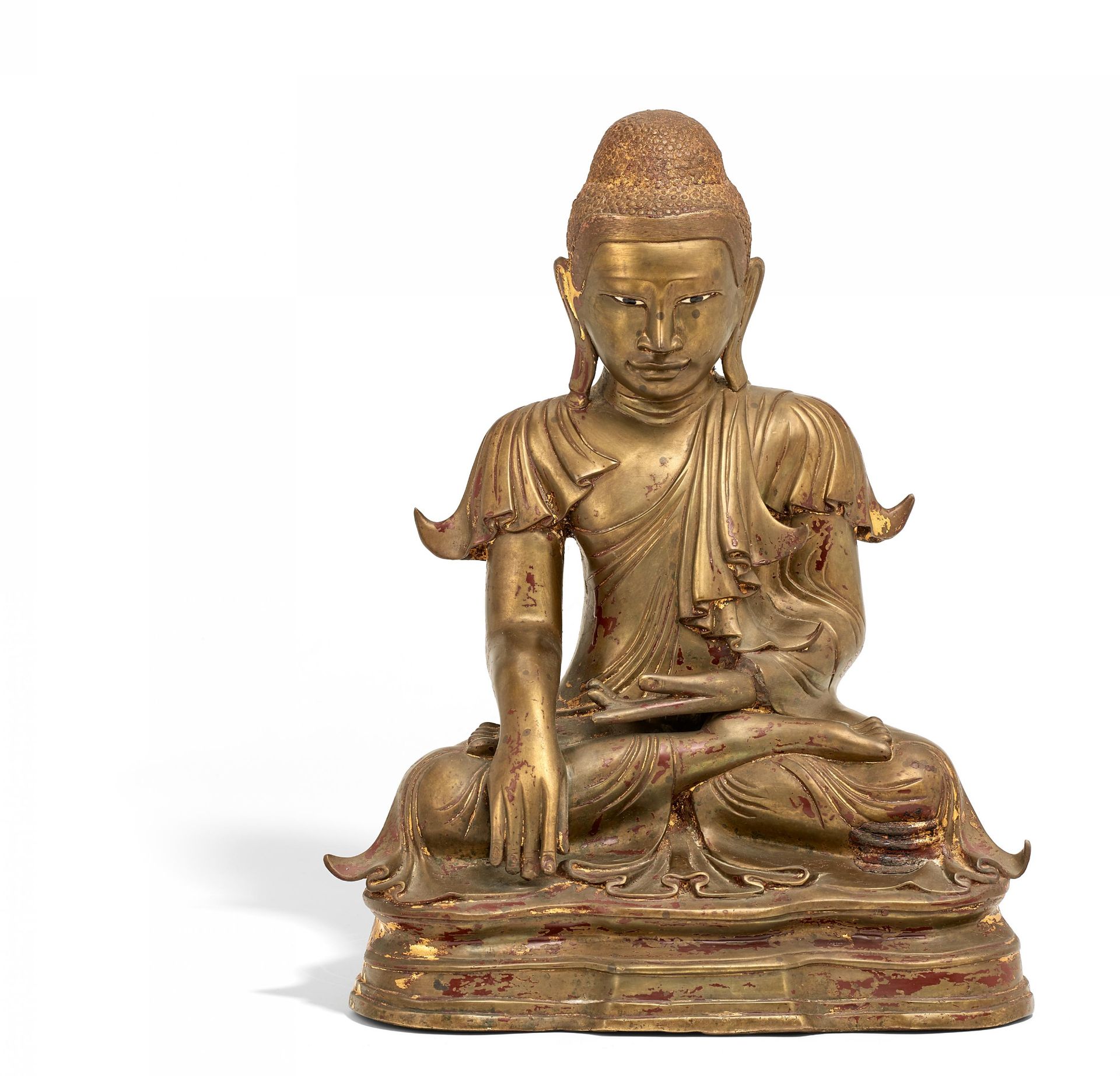 BUDDHA SHAKYAMUNI. Myanmar/Burma. 19./20. Jh. Bronze mit Resten von rotem Lack und Vergoldung, Augen