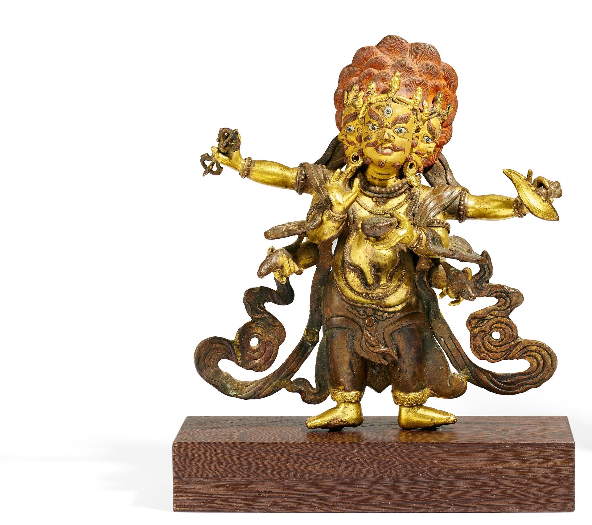 GROßER SHADBHUJA MAHAKALA. Tibet. 18. Jh. Bronze, teils feuervergoldet und mit Kaltgold- und