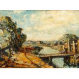 Th. Goedvriend, riviertje triplex, 30 x 40, houten brug over rivier in landschap, gesigneerd