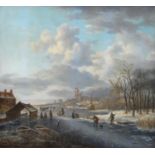 Vermeulen, winterlandschap paneel, 62 x 68, winterlandschap met vele figuren op het ijs,