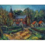 A. Colnot, bergen doek, 40 x 51, huizen bij kerk in landschap, gesigneerd A. Colnot (=Arnout Colnot,