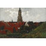 C. Kuypers, dorp aan duinrand doek, 45 x 67, bloemenplukkende vrouw op dijk bij kerkdorp, gesigneerd