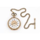 gouden zakhorloge met ketting Zwitser vestzakhorloge in 18 krt. gouden kast, voorzien van seconde-