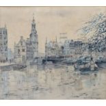 Jan den Hengst, Amsterdam krijt en aquarel, 26 x 29, Singel en Munttoren te Amsterdam, gesigneerd