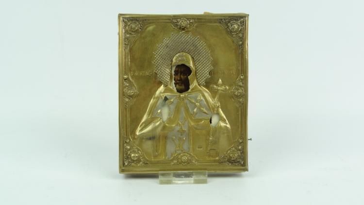 ikoon met verguld zilveren rizza Russische ikoon met voorstelling van St. Mitrofanij, voorzien van