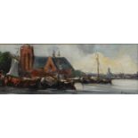 D. Hansma, board, platbodems triplex, 17 x 44, afgemeerde platbodems bij kerk, gesigneerd D. Hansma