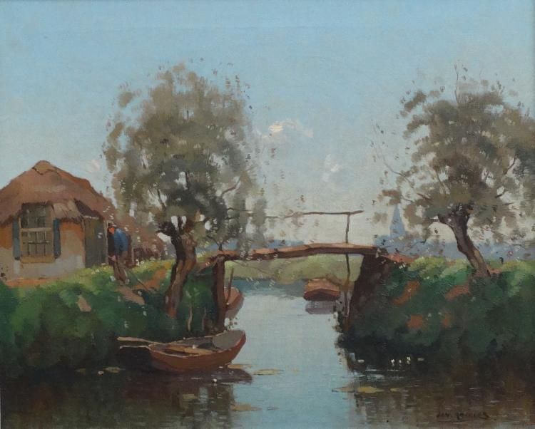 Jan Knikker, schilderij, polderlandschap doek, 45 x 55, boer bij hoge houten brug over sloot,