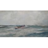 H.A. Jaarsma, sloep doek, 40 x 70, figuren in roeiboot, op woelige zee gesigneerd H.A. Jaarsma