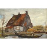 boten langs kade, M.H. MacKenzie karton, 30 x 44, 'Oud Loosdrecht', gesigneerd M.H. Mackenzie (