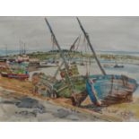 Roling, aquarel, schepen in haven aquarel, 40 x 54, drooggevallen boten in Franse haven,