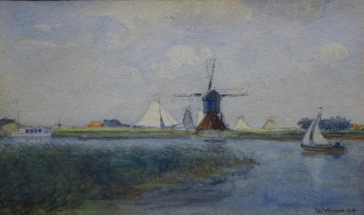 Ids Wiersma, aquarel, gezicht op molen te Grou aquarel, 13 x 21, zeilschepen bij molen in de buurt