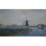 Ids Wiersma, aquarel, gezicht op molen te Grou aquarel, 13 x 21, zeilschepen bij molen in de buurt