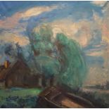 P. van Wijngaerdt, hoeve met praam '57 doek, 75 x 75, landschap, gesigneerd Piet van Wijngaerdt '