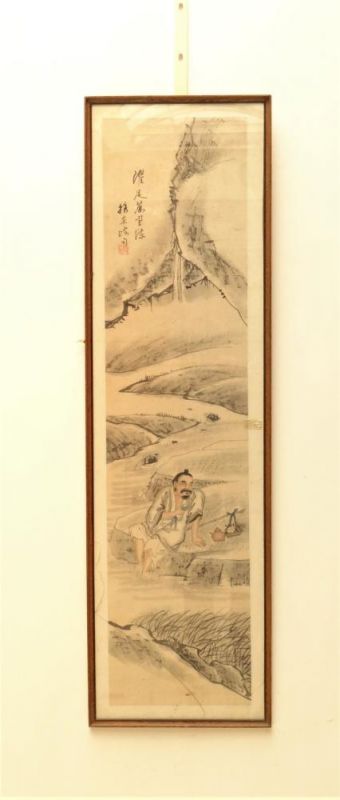 Chinese schildering Chinese aquarel met voorstelling van zittende man in landschap, h. 117, br.