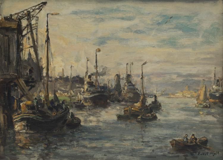 Evert Moll, havengezicht marouflé 22 x 30, Maashaven te Rotterdam, gesigneerd Evert Moll (1878-1955)