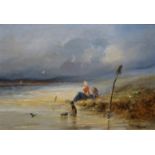 doek, strand, 19e eeuw doek, 21 x 29, vrouwen aan het strand, gesigneerd K. Rust