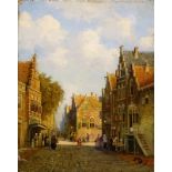 paneel, Hollands stadsgezicht, 19e eeuw paneel, 30 x 23, figuren in Oudhollands stadsstraatje,