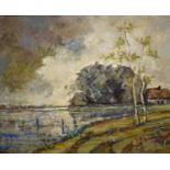 A.G. Hulshoff Pol, board, landschap board, 50 x 60, boerderij aan plas, gesigneerd A.G. Hulshoff Pol