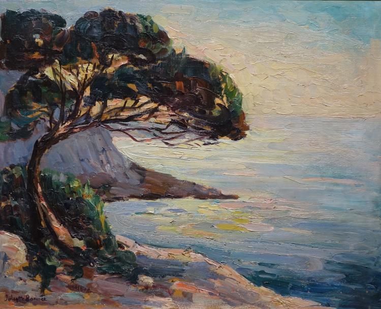 Bonnet, landschap met boom triplex, 37 x 46, Zuid-Europese baai, gesigneerd Juliette Bonnet