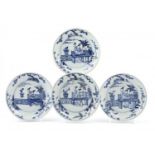 serie van 4 Chinese borden serie van 4 blauw/wit Chinees porseleinen borden met decor van dames